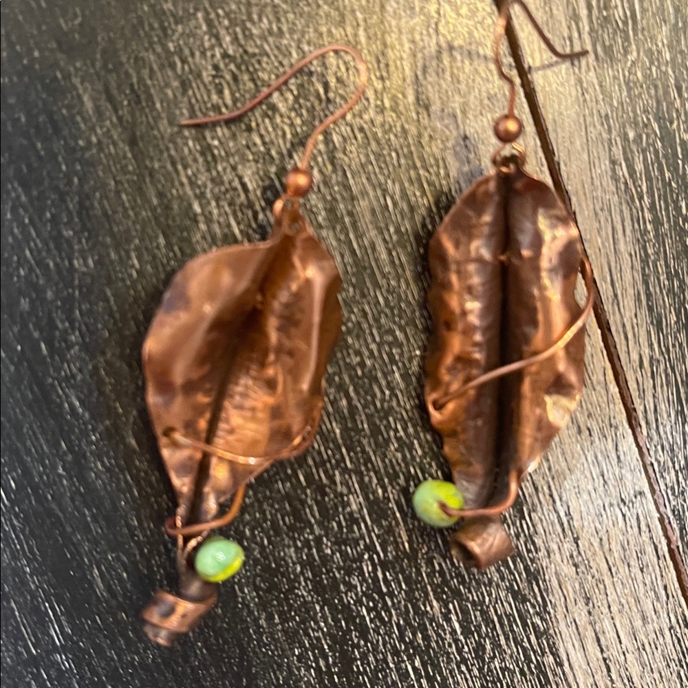 Handcrafted Copper Leaf Earrings with Green Beads